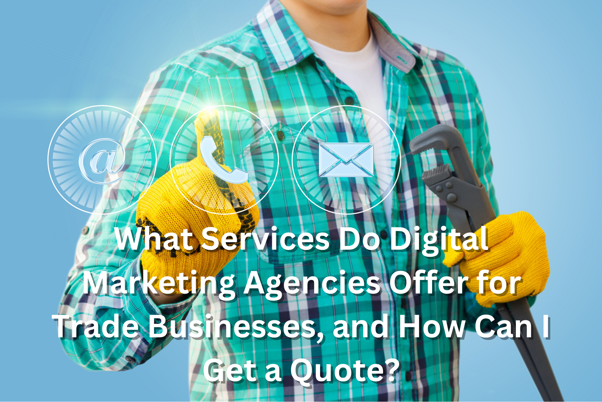 A person in a plaid shirt and yellow gloves holds a pipe wrench; digital icons (email, phone, envelope) appear above, with text: What Services Do Digital Marketing Agencies Offer for Trade Businesses, and How Can I Get a Quote?.