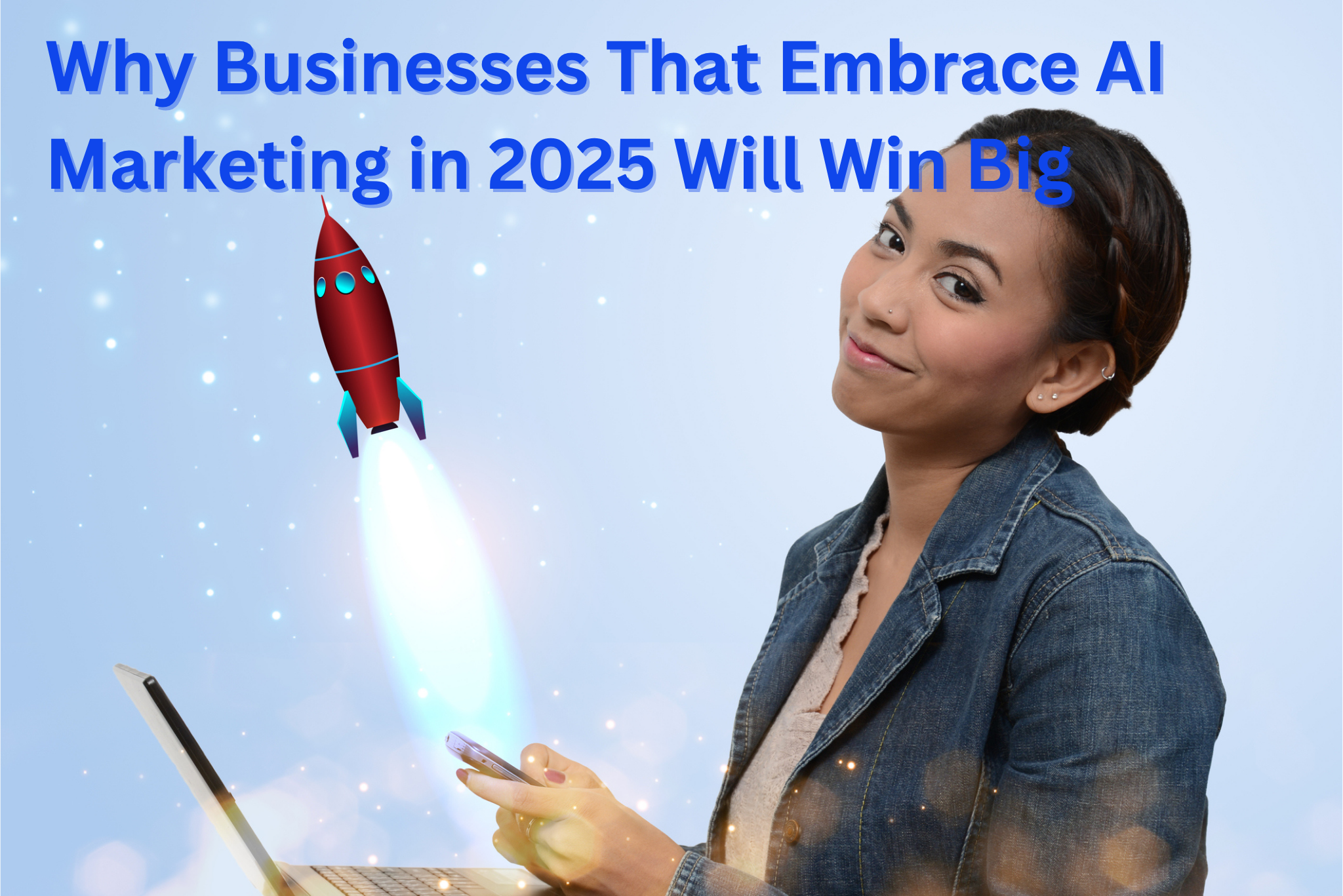 Why Businesses That Embrace AI Marketing in 2025 Will Win Big A woman in a denim jacket uses her phone while smirking. Next to her is a cartoon rocket taking off. The text reads, Why Businesses That Embrace AI Marketing in 2025 Will Win Big.