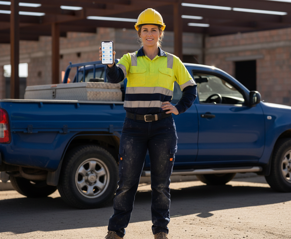 A construction worker in a yellow hard hat and high-visibility shirt stands in front of a blue truck, holding up a smartphone displaying an app, with a building under construction in the background.