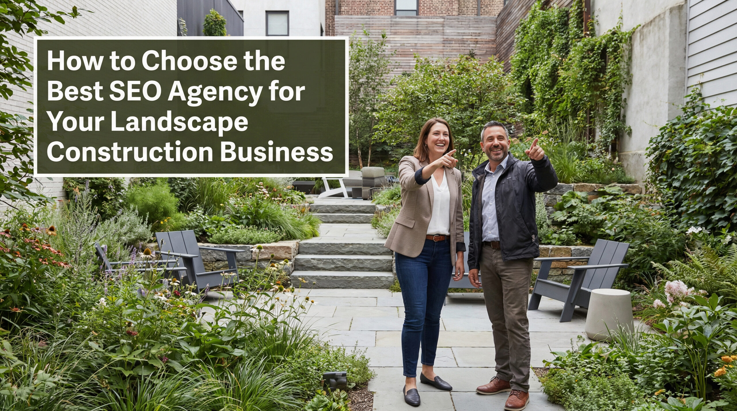 Two people stand smiling in a lush, professionally designed garden with stone paths and modern outdoor chairs. Overlay text reads: How to Choose the Best SEO Agency for Landscape Construction Businesses.