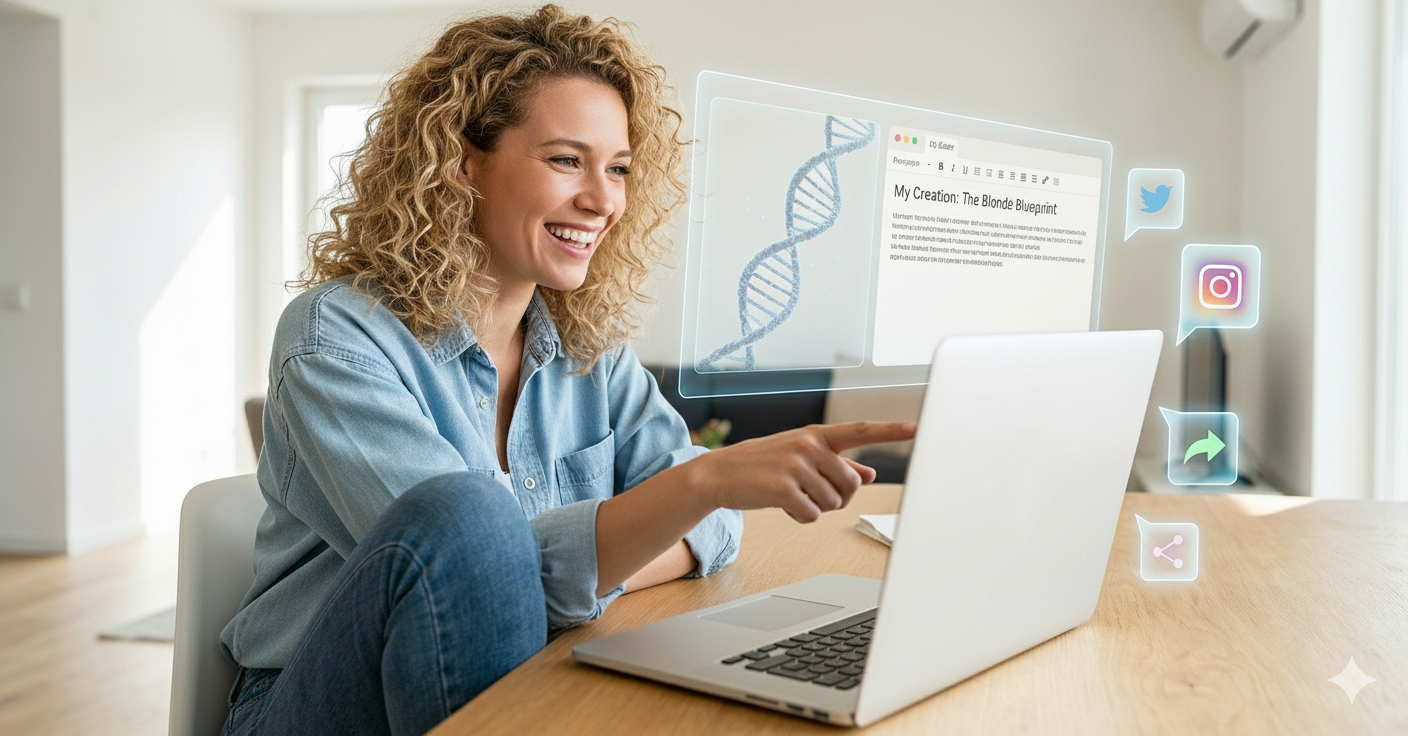 A smiling woman sits at a desk using a laptop. Floating digital icons and a document with a DNA graphic appear, suggesting she is sharing scientific content on social media from her bright, modern home.