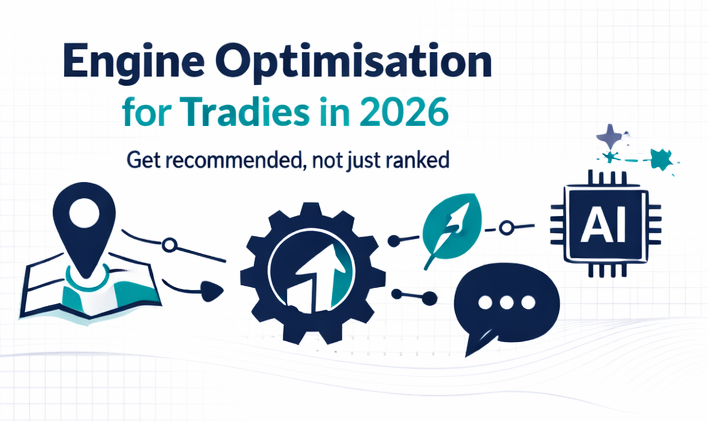 Graphic with the text Engine Optimisation for Tradies in 2026. Get recommended, not just ranked—ideal for an SEO agency for landscape construction. Features icons of a map pin, cog with arrow, leaf, speech bubble, and AI chip.